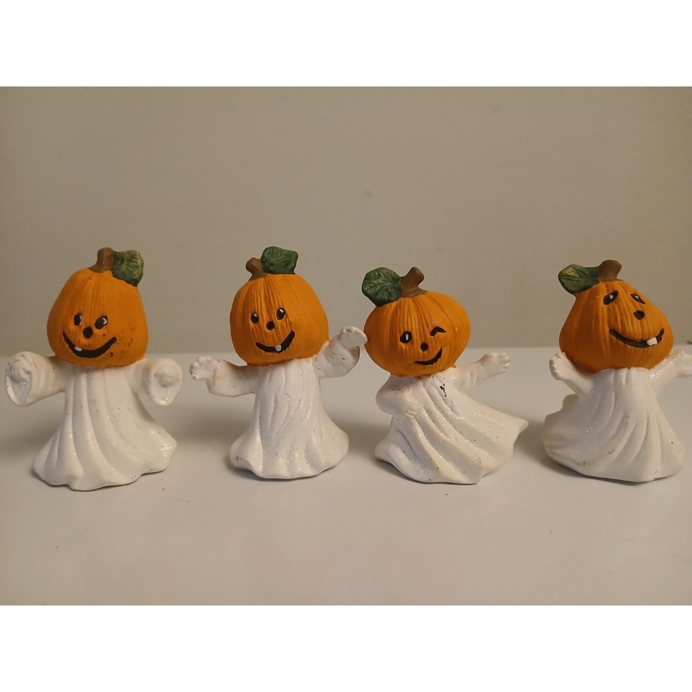 🎃 Vintage Set of 4 Hand Painted Ceramic Pumpkin Head Ghost Halloween Figurines